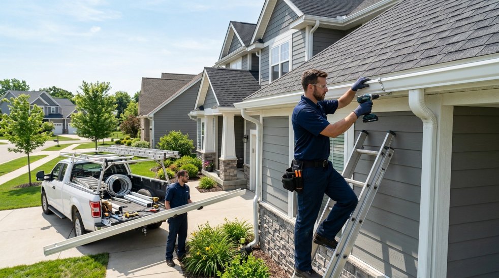 Technicians installing rain gutters on a suburban home roofline with ladder, tools, and service truck nearby
