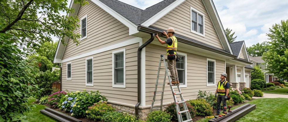 Workers replacing gutters on a two-story suburban home using ladders in a landscaped yard